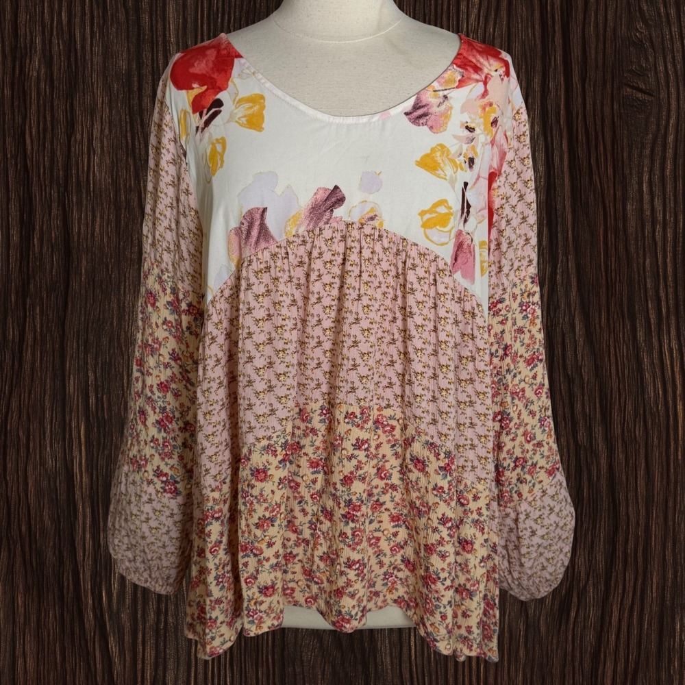 ODDI Floral Patchwork Boho Top Sz 1XL Tiered Long Sleeves Pinks and Peaches USA